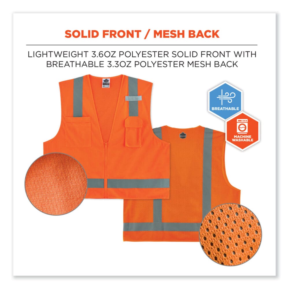 GloWear 8249Z-S Single Size Class 2 Economy Surveyors Zipper Vest, Polyester, X-Large, Orange, Ships in 1-3 Business Days - Image 5