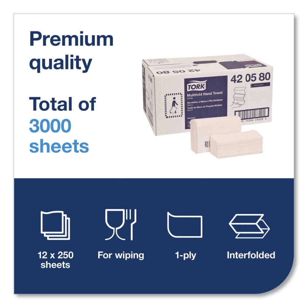 Premium Multifold Towel, 1-Ply, 9 x 9.5, White, 250/Pack, 12 Packs/Carton - Image 2