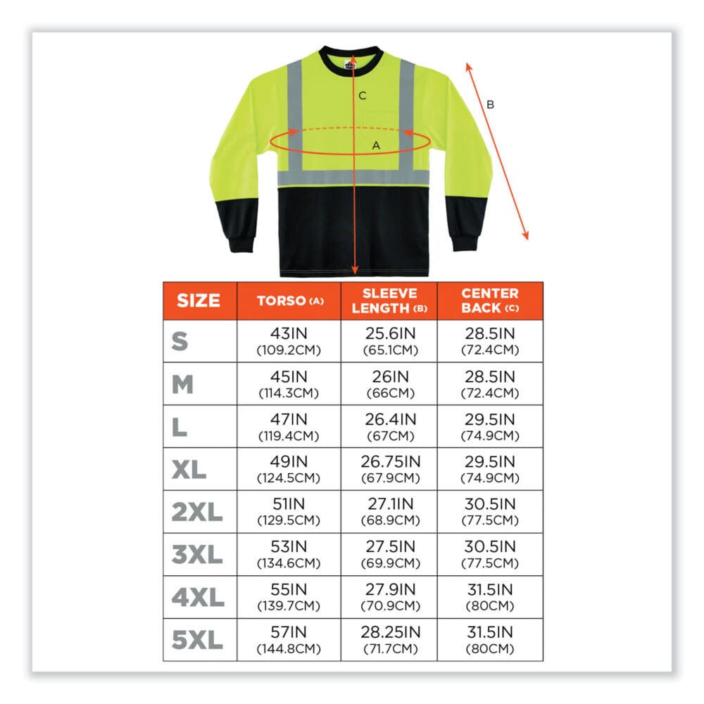 GloWear 8291BK Type R Class 2 Black Front Long Sleeve T-Shirt, Polyester, Large, Lime, Ships in 1-3 Business Days - Image 4