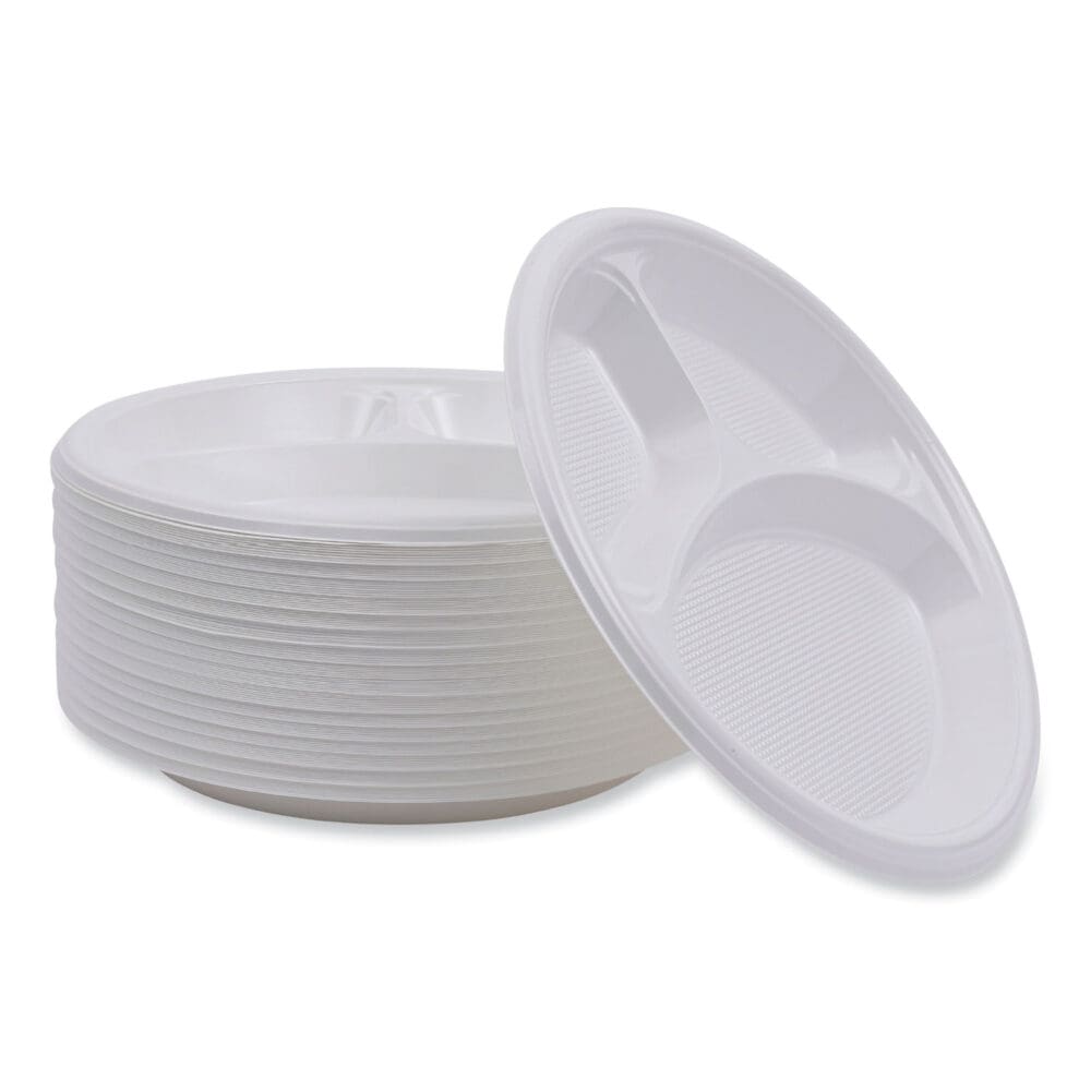Hi-Impact Plastic Dinnerware, Plate, 3-Compartment, 10" dia, White, 500/Carton - Image 5