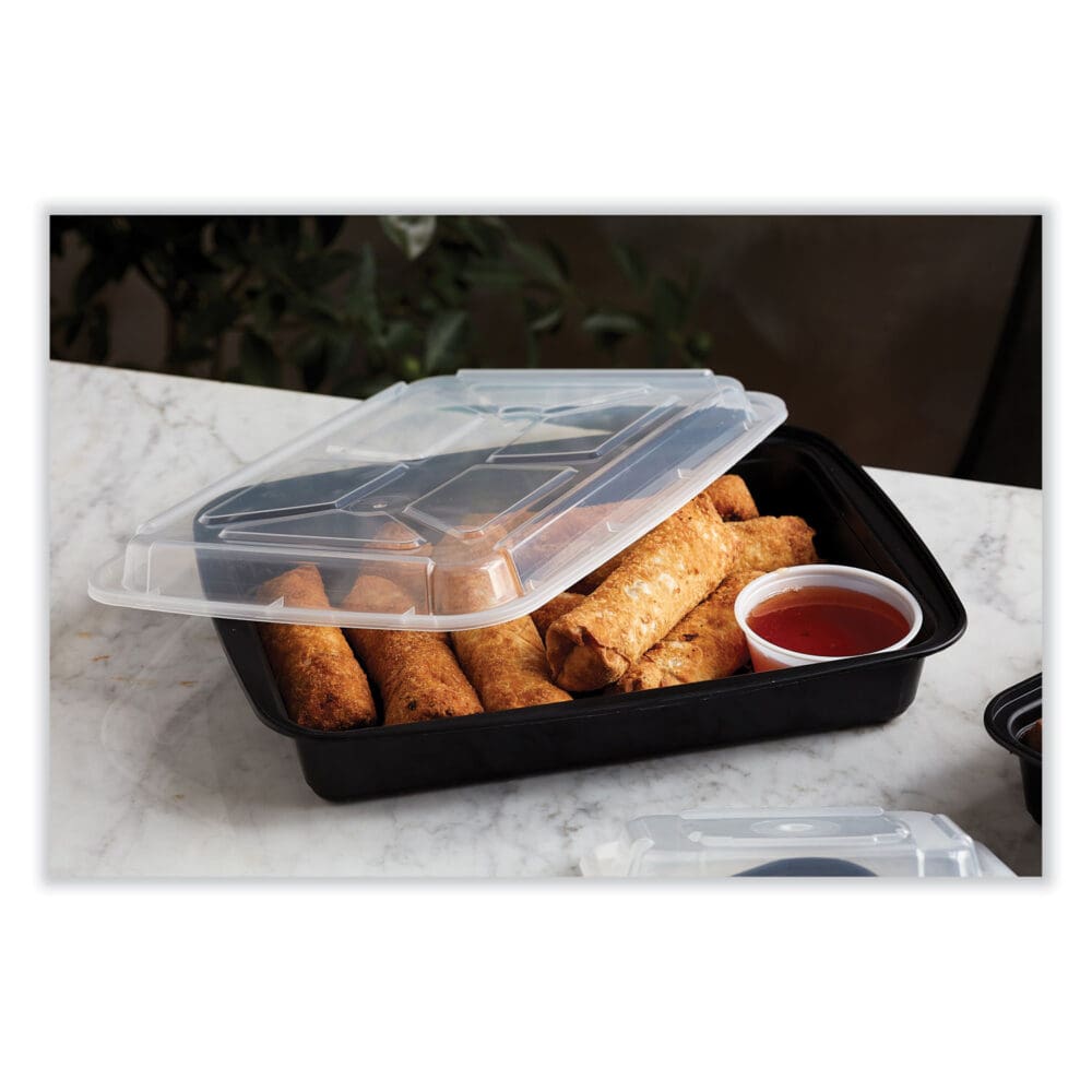 Newspring VERSAtainer Microwavable Containers, Rectangular, 58 oz, 8.5 x 11.5 x 2.5, Black/Clear, Plastic, 150/Carton - Image 3