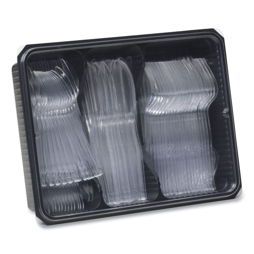 Cutlery Keeper Tray with Clear Plastic Utensils: 60 Forks, 60 Knives, 60 Spoons - Image 3