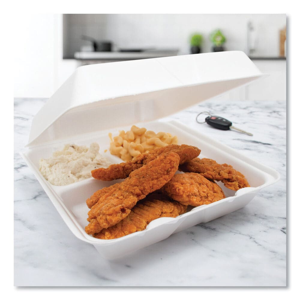 Foam Hinged Lid Containers, 3-Compartment, 9.25 x 9.5 x 3, White, 200/Carton - Image 5