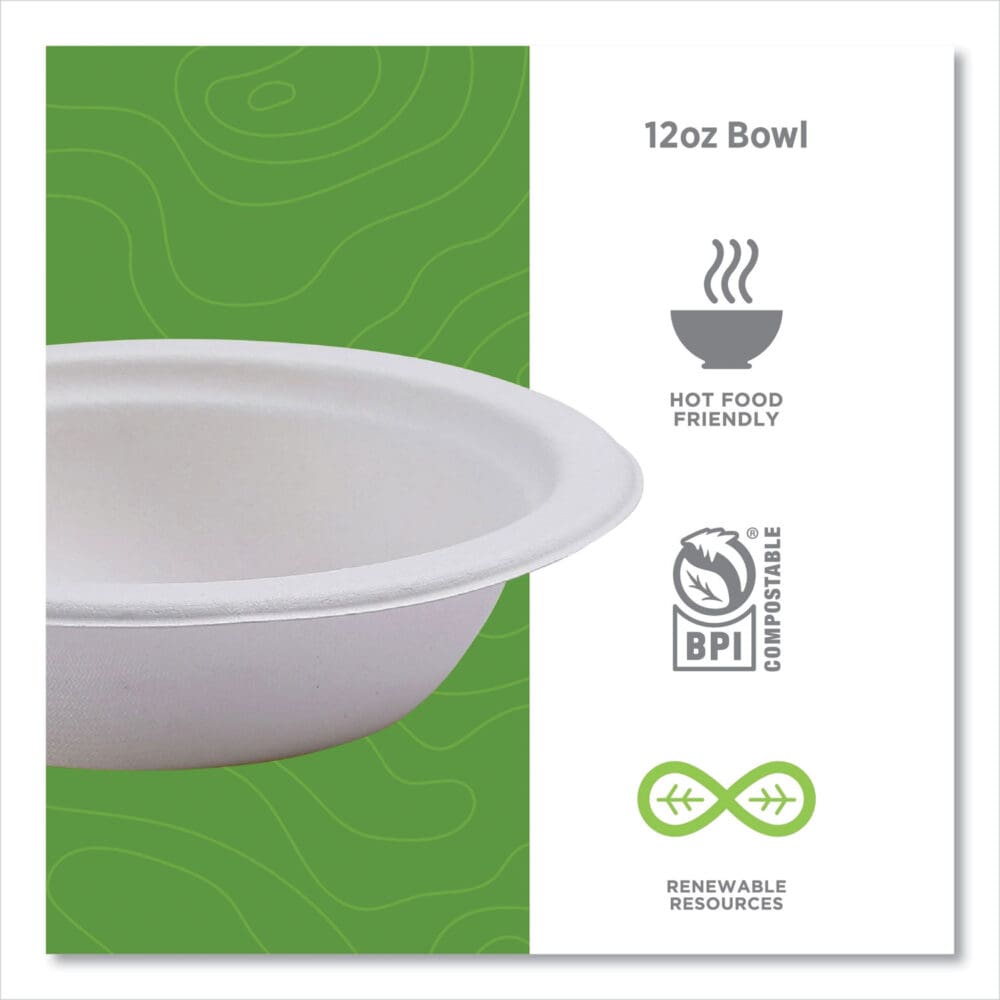 Vanguard Renewable and Compostable Sugarcane Bowls, 12 oz, White, 1,000/Carton - Image 3