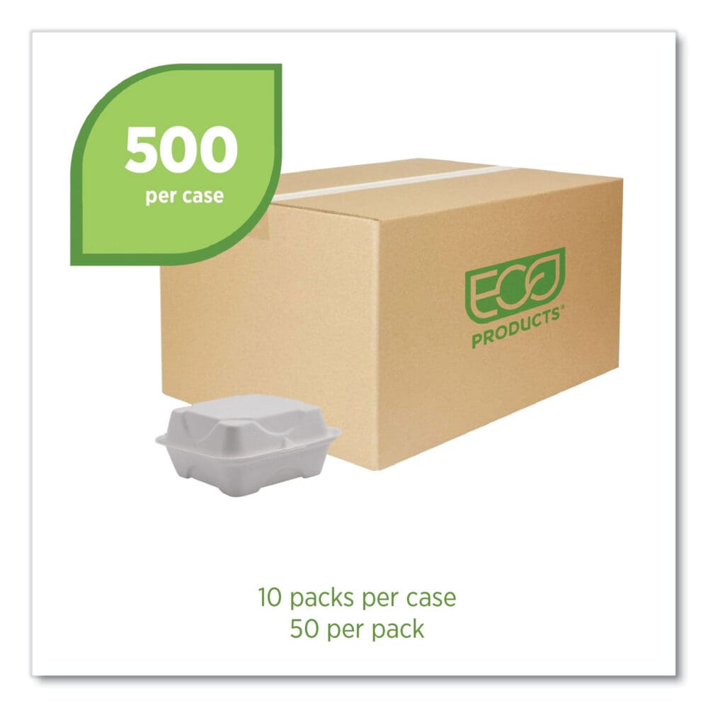 Vanguard Renewable and Compostable Sugarcane Clamshells, 6 x 6 x 3, White, 500/Carton - Image 2