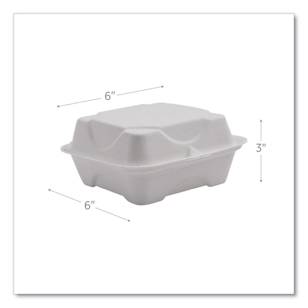 Vanguard Renewable and Compostable Sugarcane Clamshells, 6 x 6 x 3, White, 500/Carton - Image 3