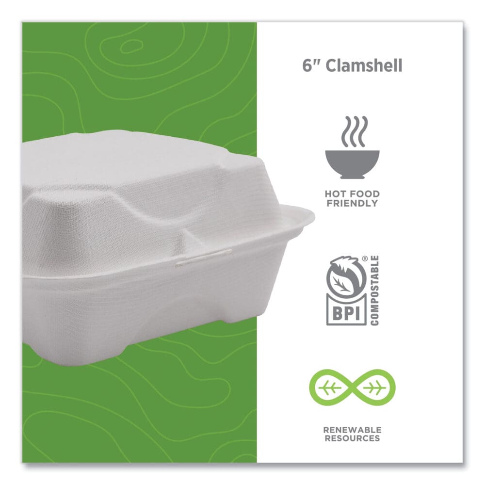 Vanguard Renewable and Compostable Sugarcane Clamshells, 6 x 6 x 3, White, 500/Carton - Image 4