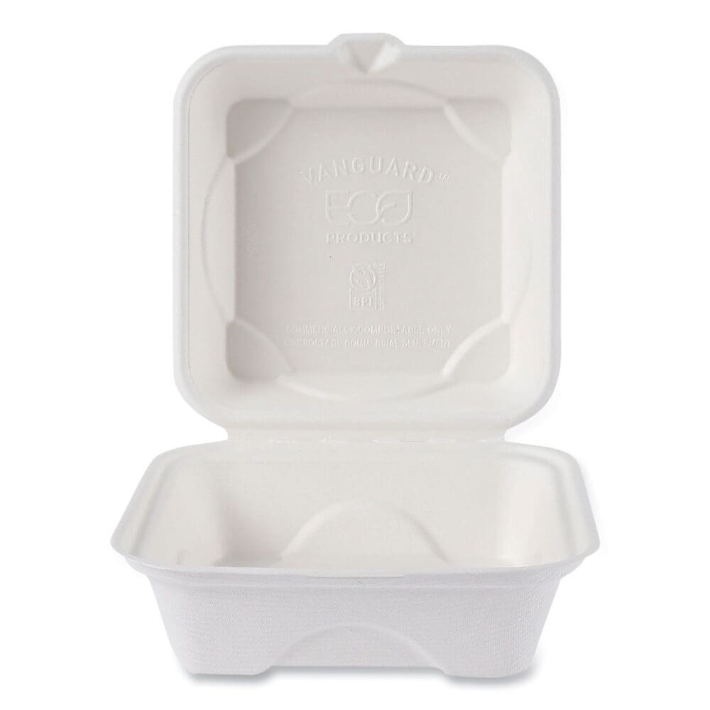 Vanguard Renewable and Compostable Sugarcane Clamshells, 6 x 6 x 3, White, 500/Carton - Image 5