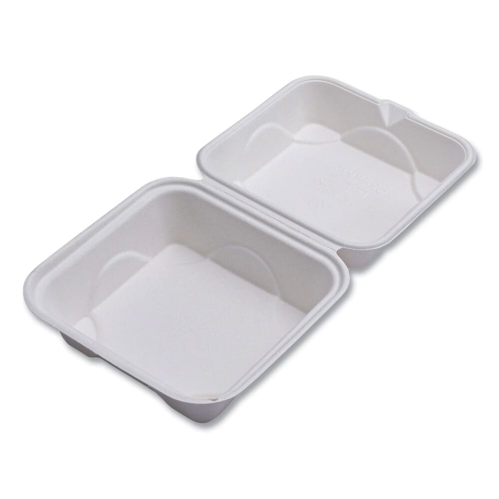 Vanguard Renewable and Compostable Sugarcane Clamshells, 6 x 6 x 3, White, 500/Carton - Image 6