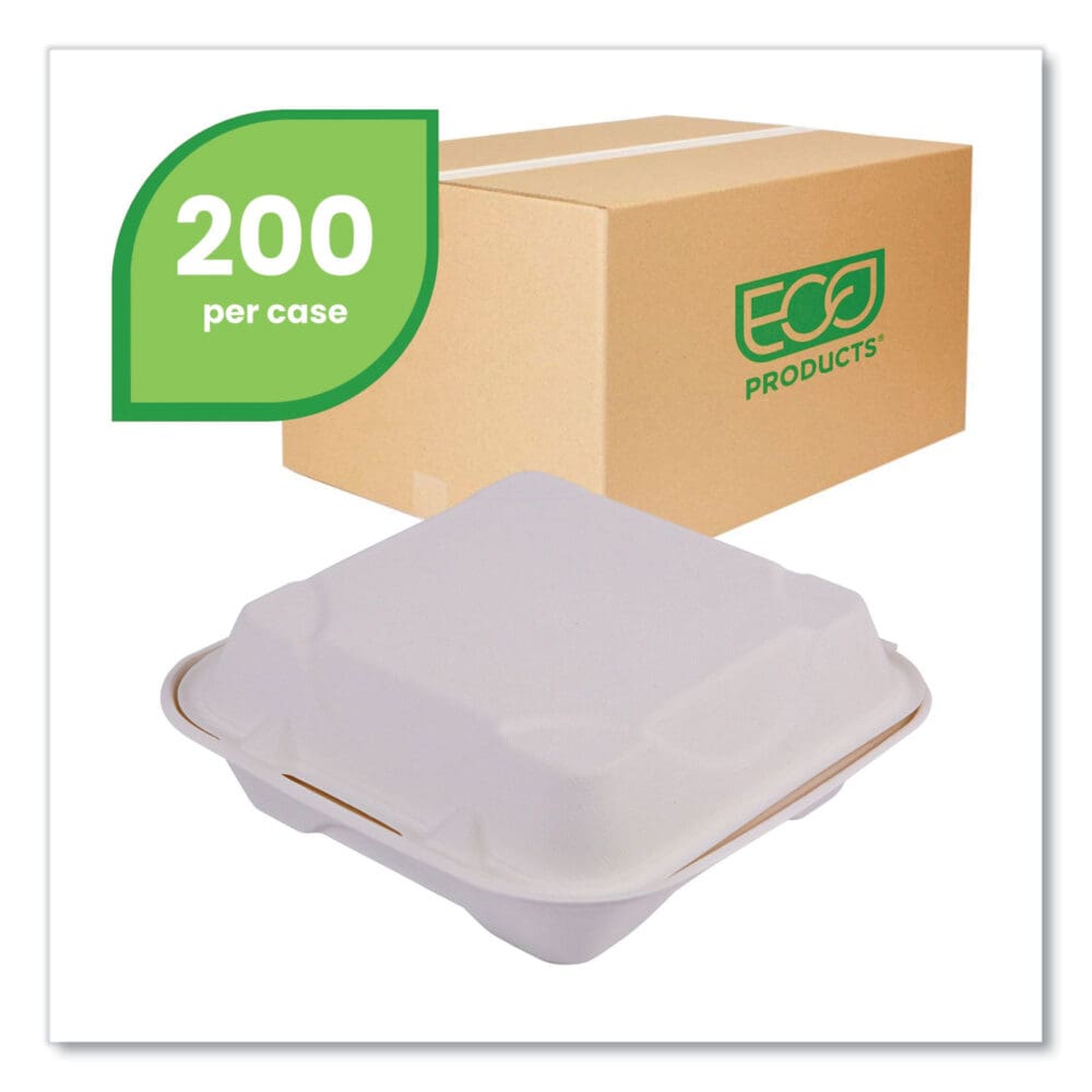 Vanguard Renewable and Compostable Sugarcane Clamshells, 1-Compartment, 8 x 8 x 3, White, 200/Carton - Image 9