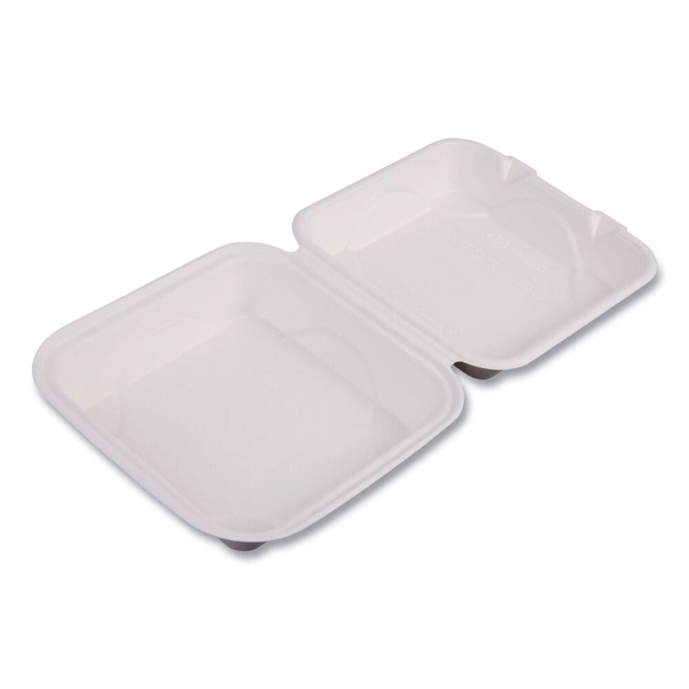 Vanguard Renewable and Compostable Sugarcane Clamshells, 1-Compartment, 8 x 8 x 3, White, 200/Carton - Image 2