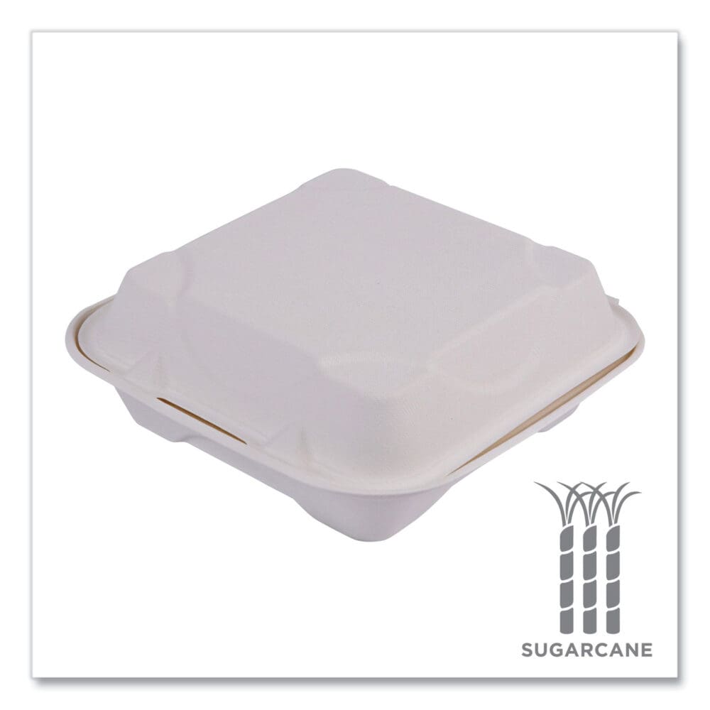 Vanguard Renewable and Compostable Sugarcane Clamshells, 1-Compartment, 8 x 8 x 3, White, 200/Carton - Image 5