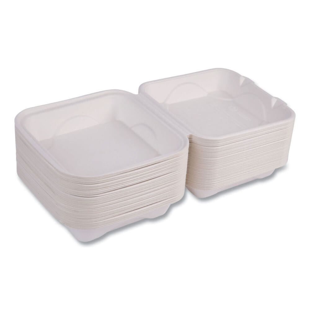 Vanguard Renewable and Compostable Sugarcane Clamshells, 1-Compartment, 8 x 8 x 3, White, 200/Carton - Image 6