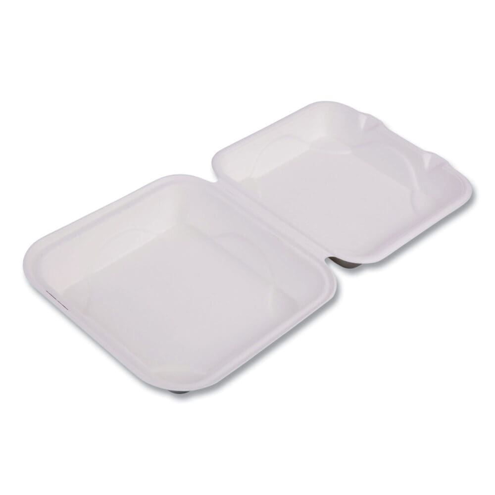 Bagasse Hinged Clamshell Containers, 9 x 9 x 3, White, Sugarcane, 50/Pack, 4 Packs/Carton - Image 3