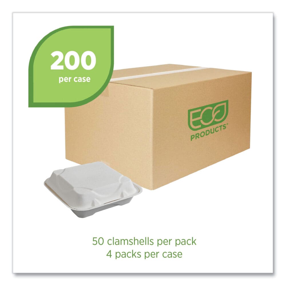 Vanguard Renewable and Compostable Sugarcane Clamshells, 1-Compartment, 9 x 9 x 3, White, 200/Carton - Image 9