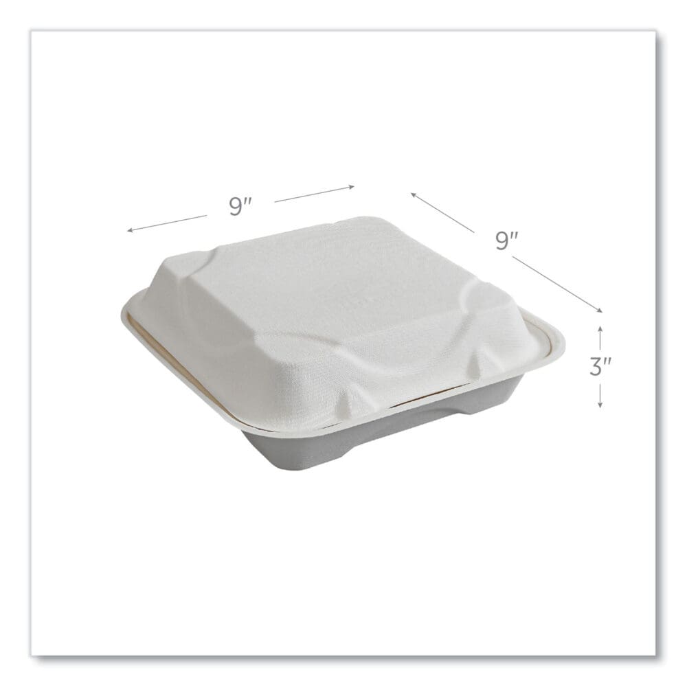 Vanguard Renewable and Compostable Sugarcane Clamshells, 1-Compartment, 9 x 9 x 3, White, 200/Carton - Image 2