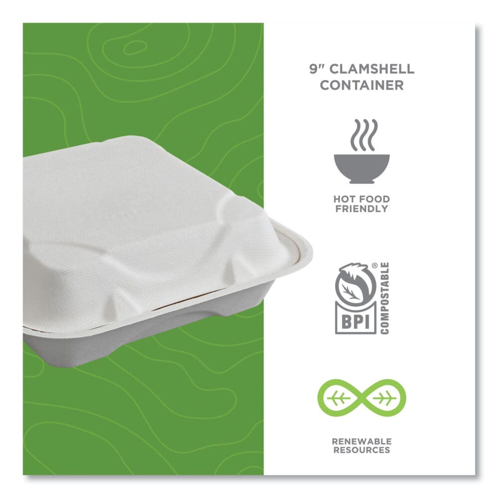 Vanguard Renewable and Compostable Sugarcane Clamshells, 1-Compartment, 9 x 9 x 3, White, 200/Carton - Image 3