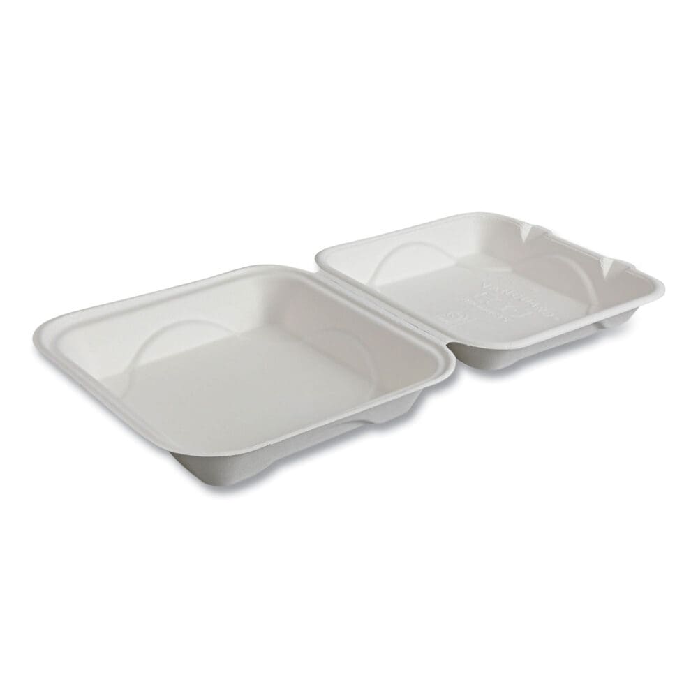 Vanguard Renewable and Compostable Sugarcane Clamshells, 1-Compartment, 9 x 9 x 3, White, 200/Carton - Image 4