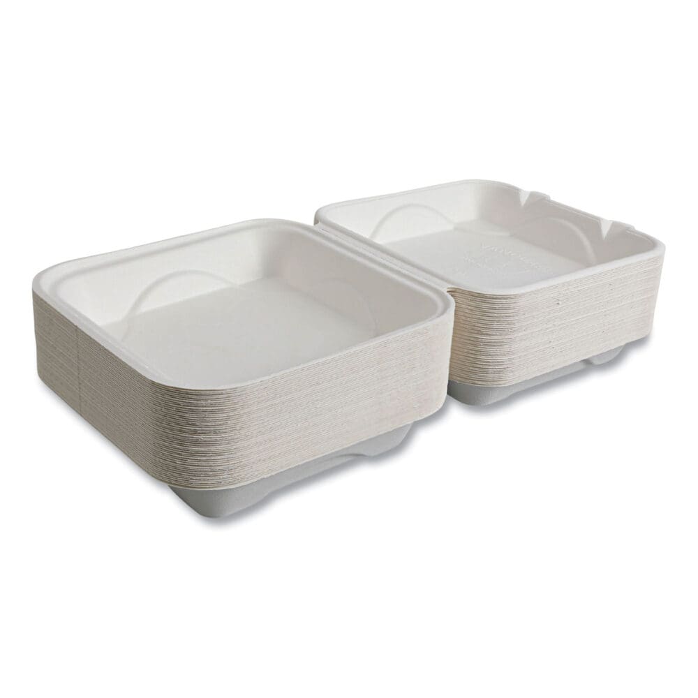 Vanguard Renewable and Compostable Sugarcane Clamshells, 1-Compartment, 9 x 9 x 3, White, 200/Carton - Image 5