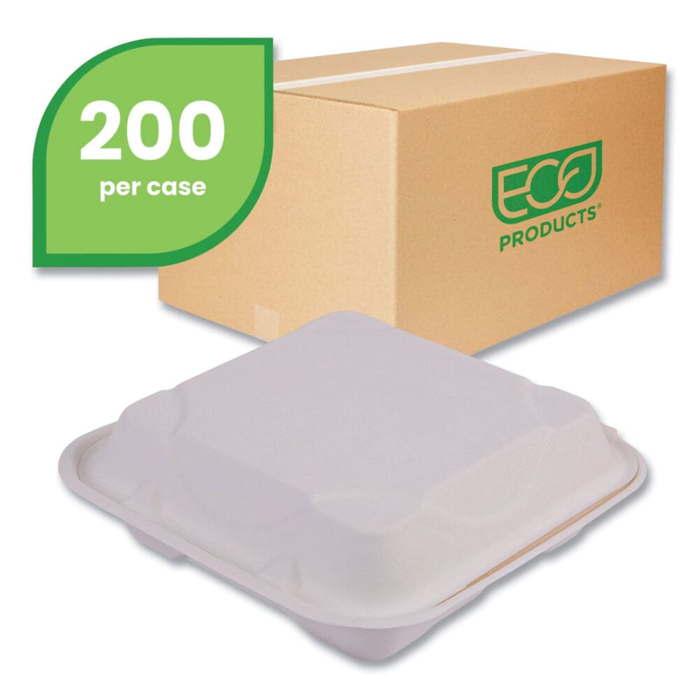 Vanguard Renewable and Compostable Sugarcane Clamshells, 3-Compartment, 9 x 9 x 3, White, 200/Carton - Image 8