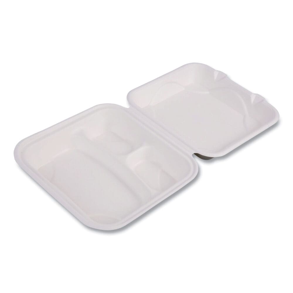 Vanguard Renewable and Compostable Sugarcane Clamshells, 3-Compartment, 9 x 9 x 3, White, 200/Carton - Image 2