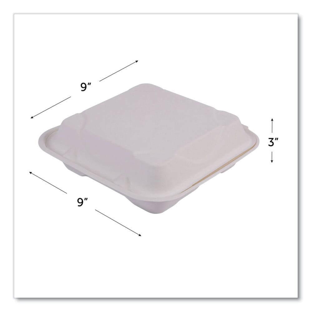 Vanguard Renewable and Compostable Sugarcane Clamshells, 3-Compartment, 9 x 9 x 3, White, 200/Carton - Image 3