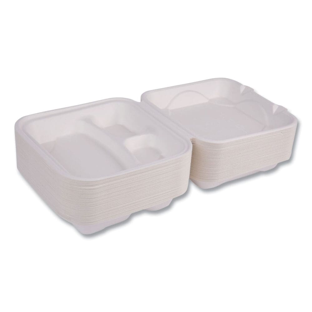 Vanguard Renewable and Compostable Sugarcane Clamshells, 3-Compartment, 9 x 9 x 3, White, 200/Carton - Image 5