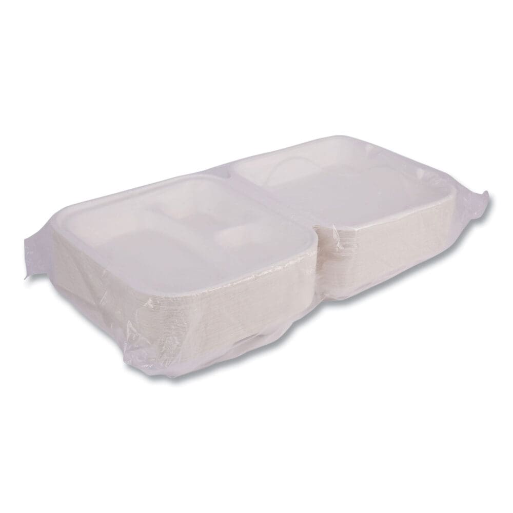 Vanguard Renewable and Compostable Sugarcane Clamshells, 3-Compartment, 9 x 9 x 3, White, 200/Carton - Image 6