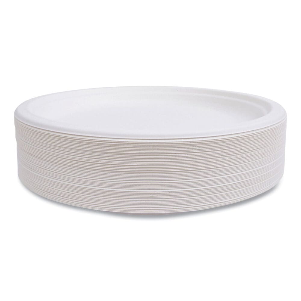 Renewable Sugarcane Dinnerware, Plate, 10" dia, Natural White, 50/Pack - Image 2