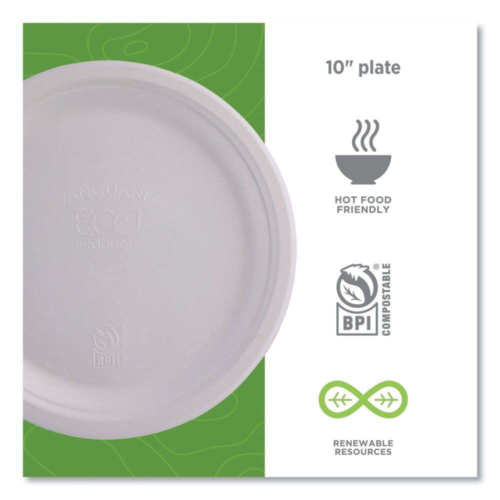 Renewable Sugarcane Dinnerware, Plate, 10" dia, Natural White, 50/Pack - Image 5