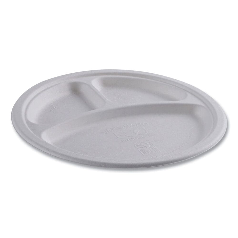 Vanguard Renewable and Compostable Sugarcane Plates, 3-Compartment, 10" dia, White, 500/Carton - Image 2