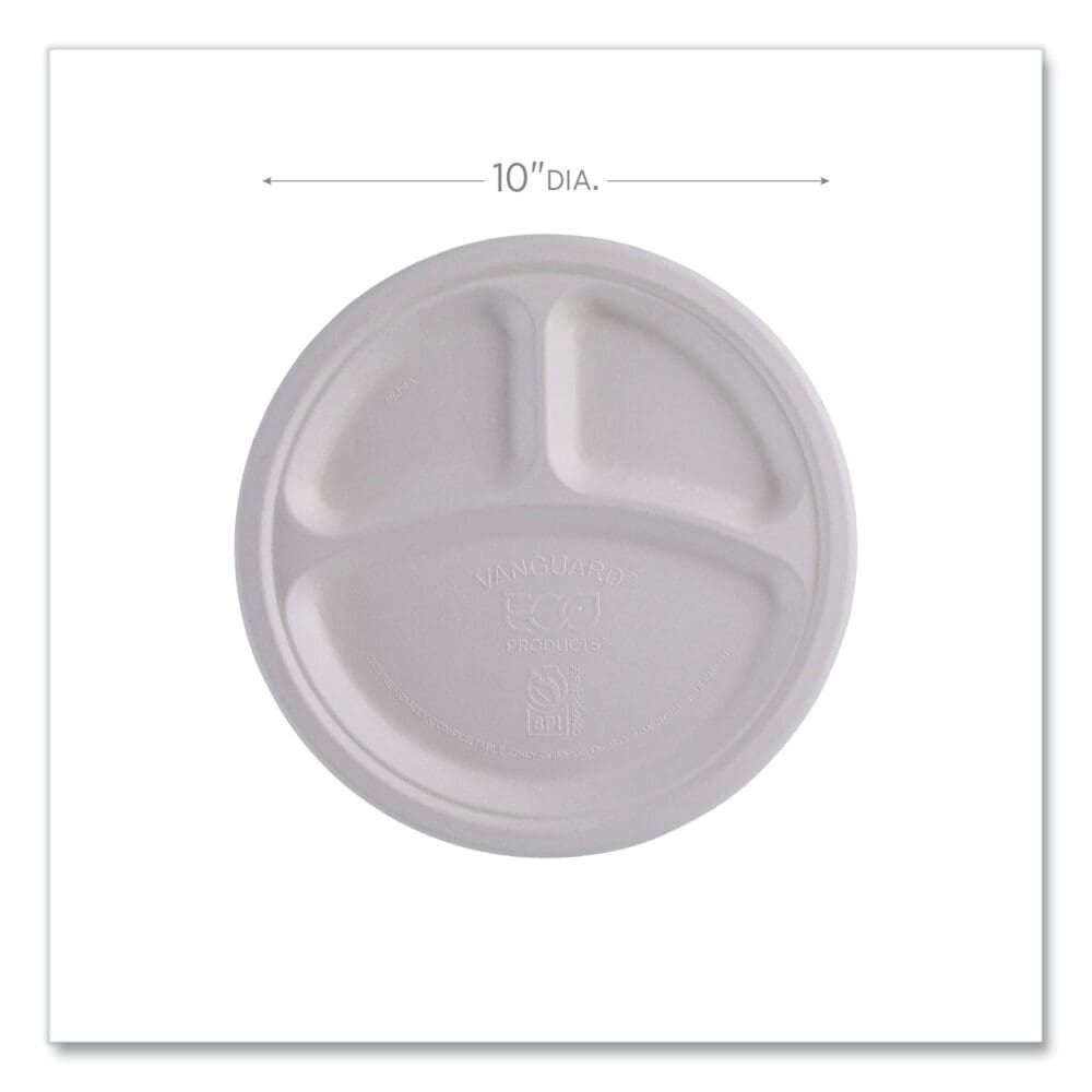 Vanguard Renewable and Compostable Sugarcane Plates, 3-Compartment, 10" dia, White, 500/Carton - Image 3