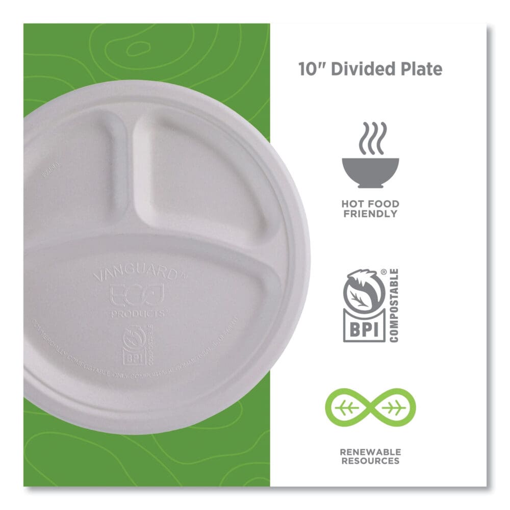 Vanguard Renewable and Compostable Sugarcane Plates, 3-Compartment, 10" dia, White, 500/Carton - Image 4