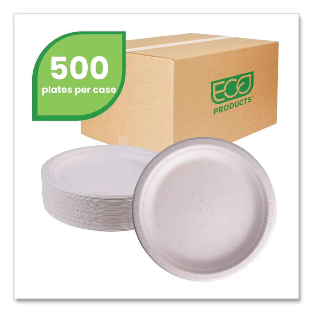 Vanguard Renewable and Compostable Sugarcane Plates, 9" dia, White, 500/Carton - Image 8