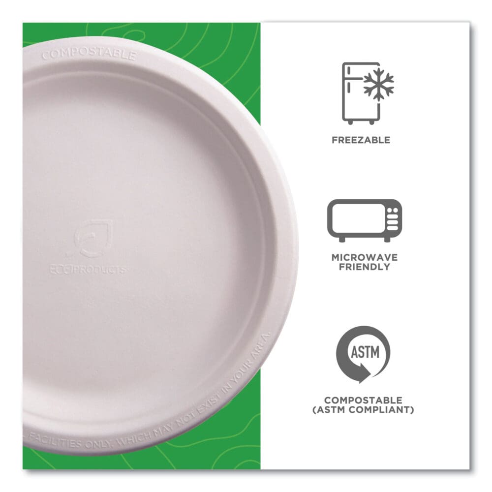 Vanguard Renewable and Compostable Sugarcane Plates, 9" dia, White, 500/Carton - Image 5