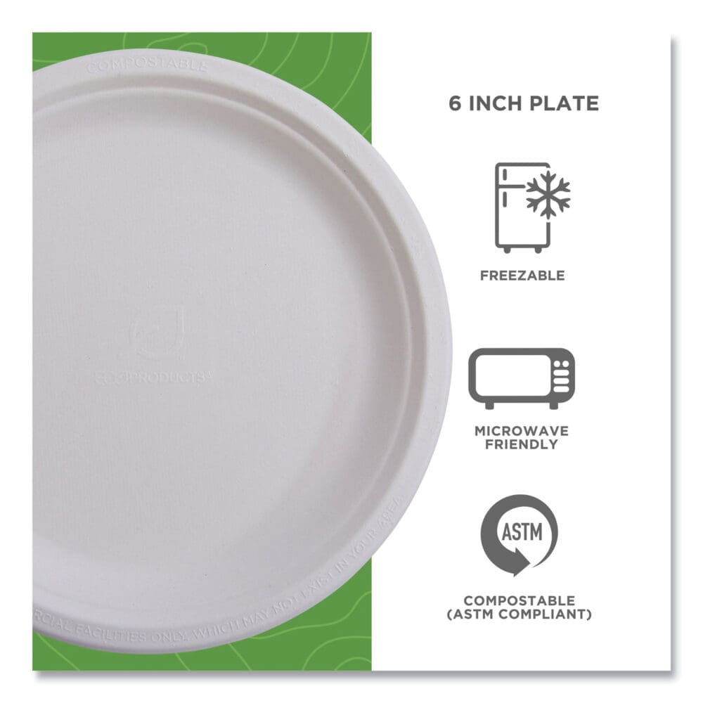 Renewable Sugarcane Plates, 6" dia, Natural White, 1,000/Carton - Image 3