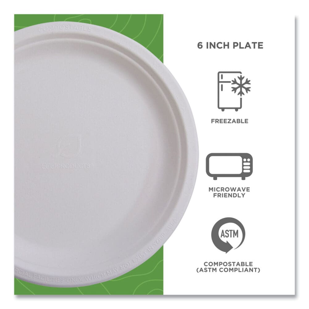 Vanguard Renewable and Compostable Sugarcane Plates, 6" dia, White, 1,000/Carton - Image 3