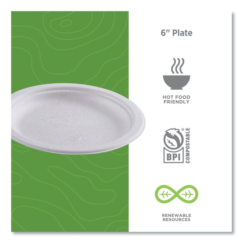 Vanguard Renewable and Compostable Sugarcane Plates, 6" dia, White, 1,000/Carton - Image 4