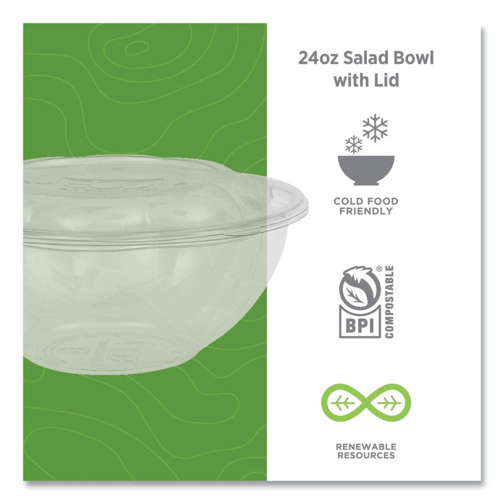 Renewable and Compostable Salad Bowls with Lids, 24 oz, Clear, Plastic, 50/Pack, 3 Packs/Carton - Image 3