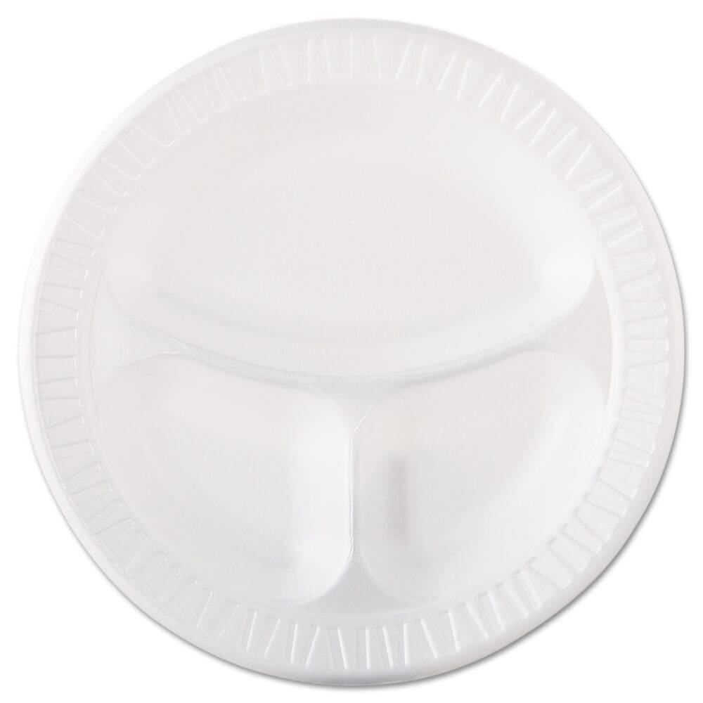 Quiet Class Laminated Foam Dinnerware, Plates, 3-Compartment, 10.25" dia, White, 125/Pack, 4 Packs/Carton