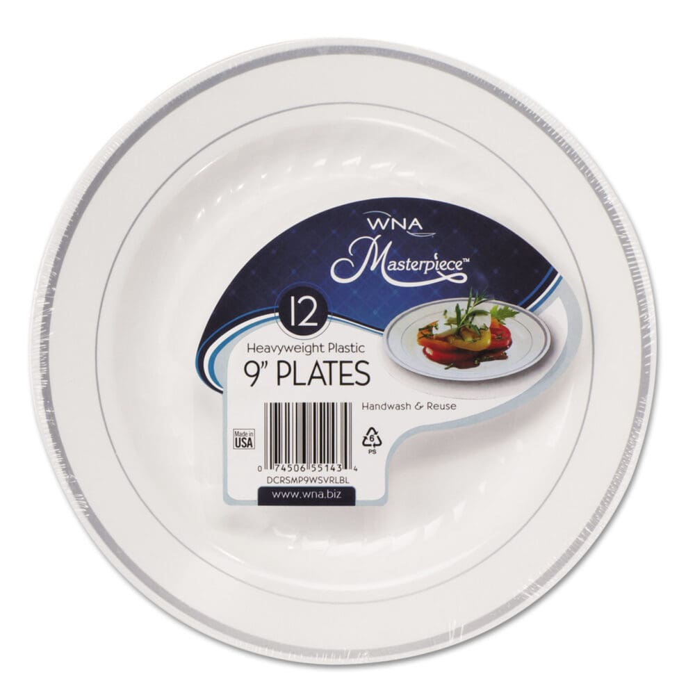 Masterpiece Plastic Dinnerware, 9" dia, White/Silver, 10/Pack