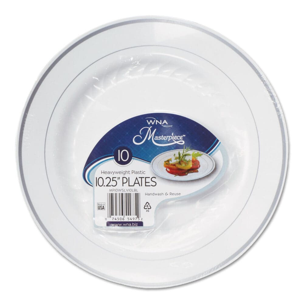 Masterpiece Plastic Plates, 10.25" dia, White with Silver Accents, Round, 10/Pack, 12 Packs/Carton