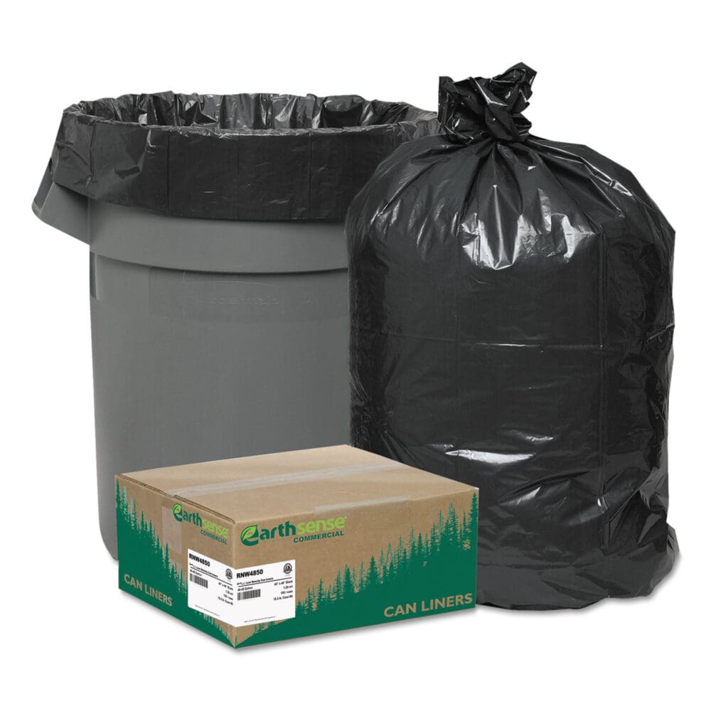 Linear Low Density Recycled Can Liners, 45 gal, 1.25 mil, 40" x 46", Black, 10 Bags/Roll, 10 Rolls/Carton