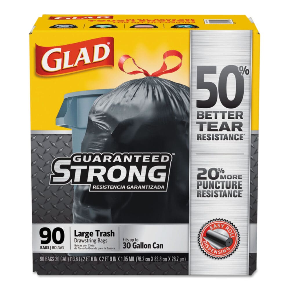 Drawstring Large Trash Bags, 30 gal, 1.05 mil, 30" x 33", Black, 90/Carton