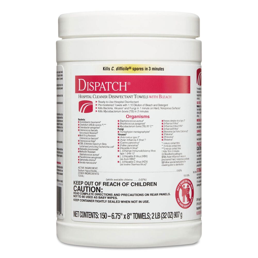 Dispatch Cleaner Disinfectant Towels, 1-Ply, 6.75 x 8, Unscented, White, 150/Canister