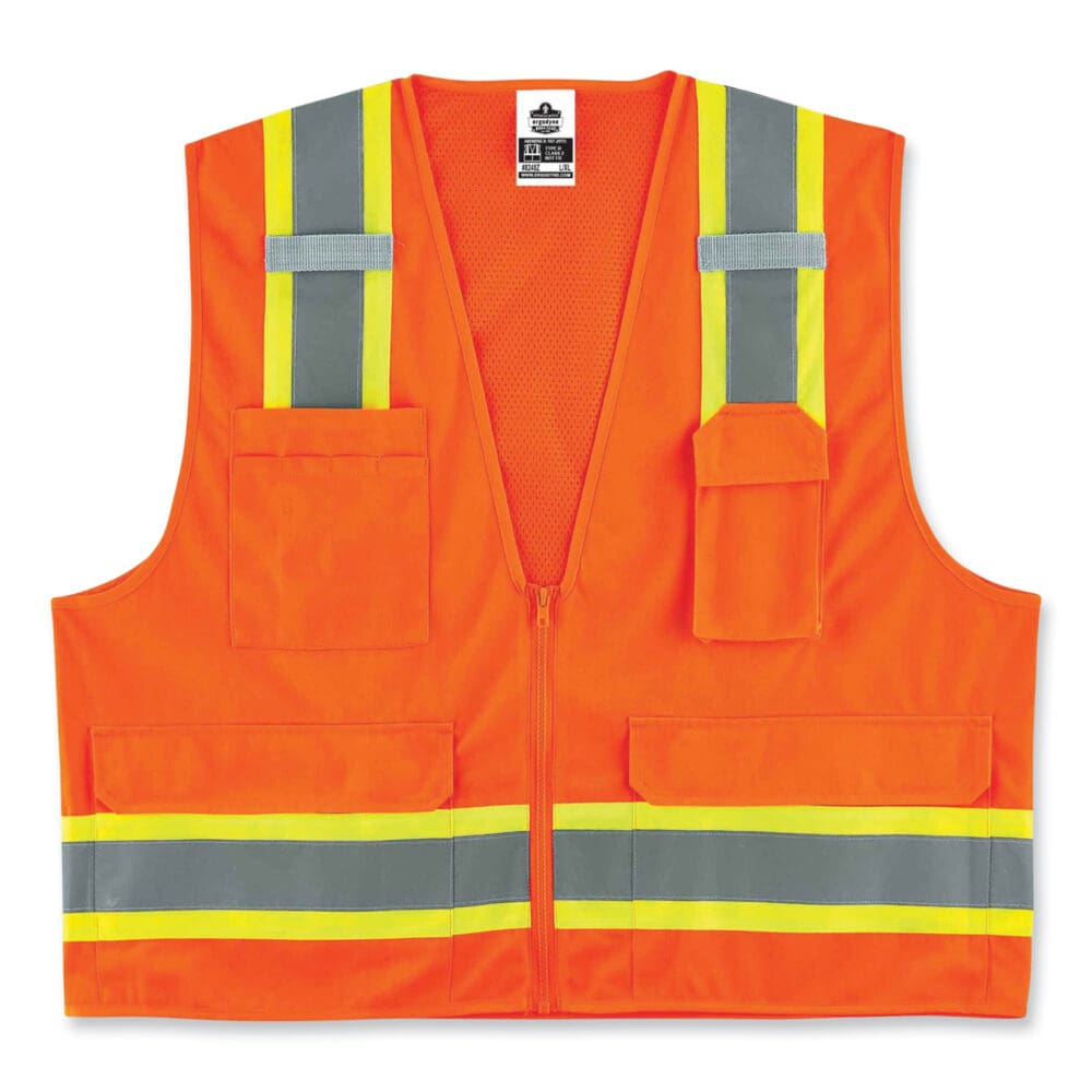 GloWear 8248Z Class 2 Two-Tone Surveyors Zipper Vest, Polyester, 2X-Large/3X-Large, Orange, Ships in 1-3 Business Days