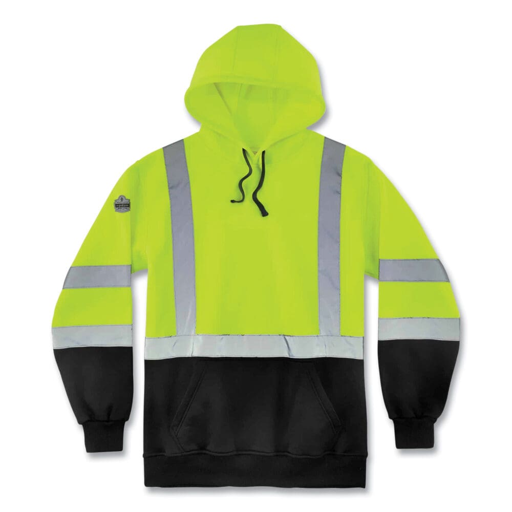 GloWear 8373 Hi-Vis Class 3 Hooded with Sweatshirt Black Bottom, Polar Fleece, Lime, Medium, Ships in 1-3 Business Days