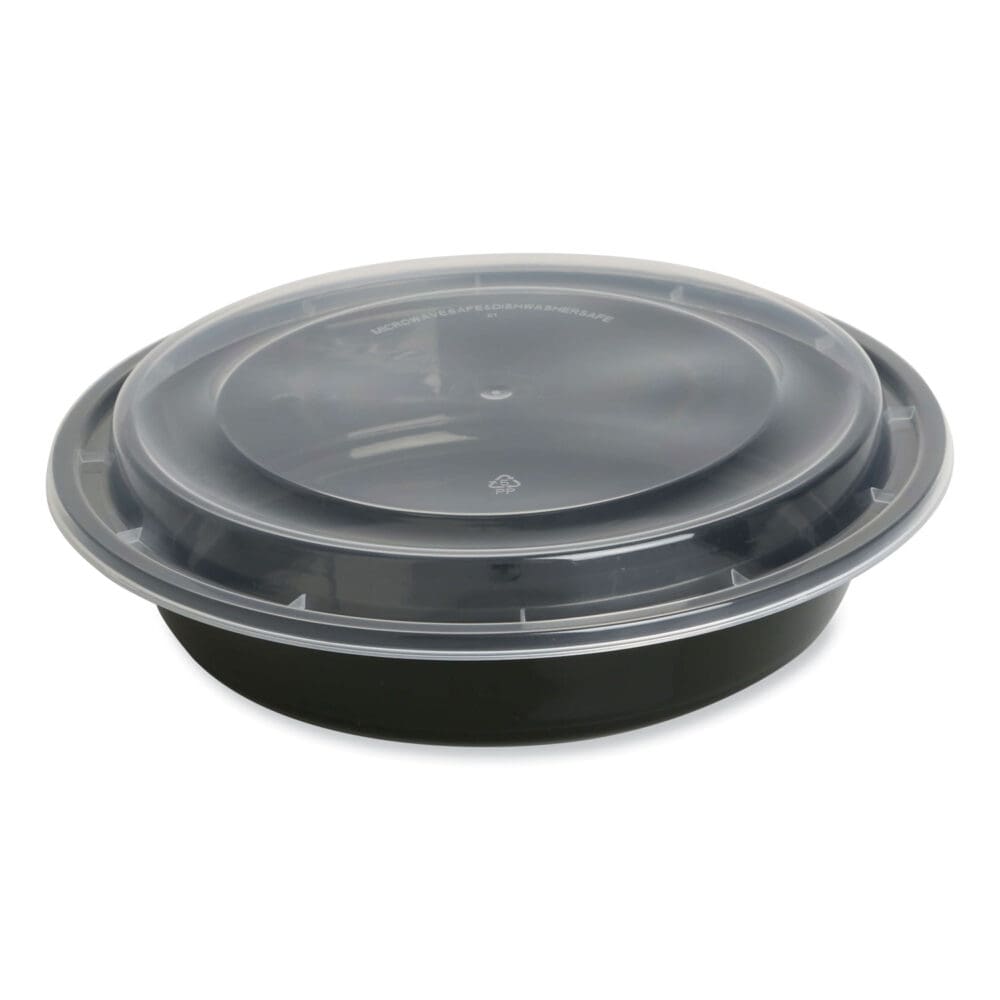 Microwavable Food Container with Lid, Round, 48 oz, 8.85 x 8.85 x 2.24, Black/Clear, Plastic, 150/Carton