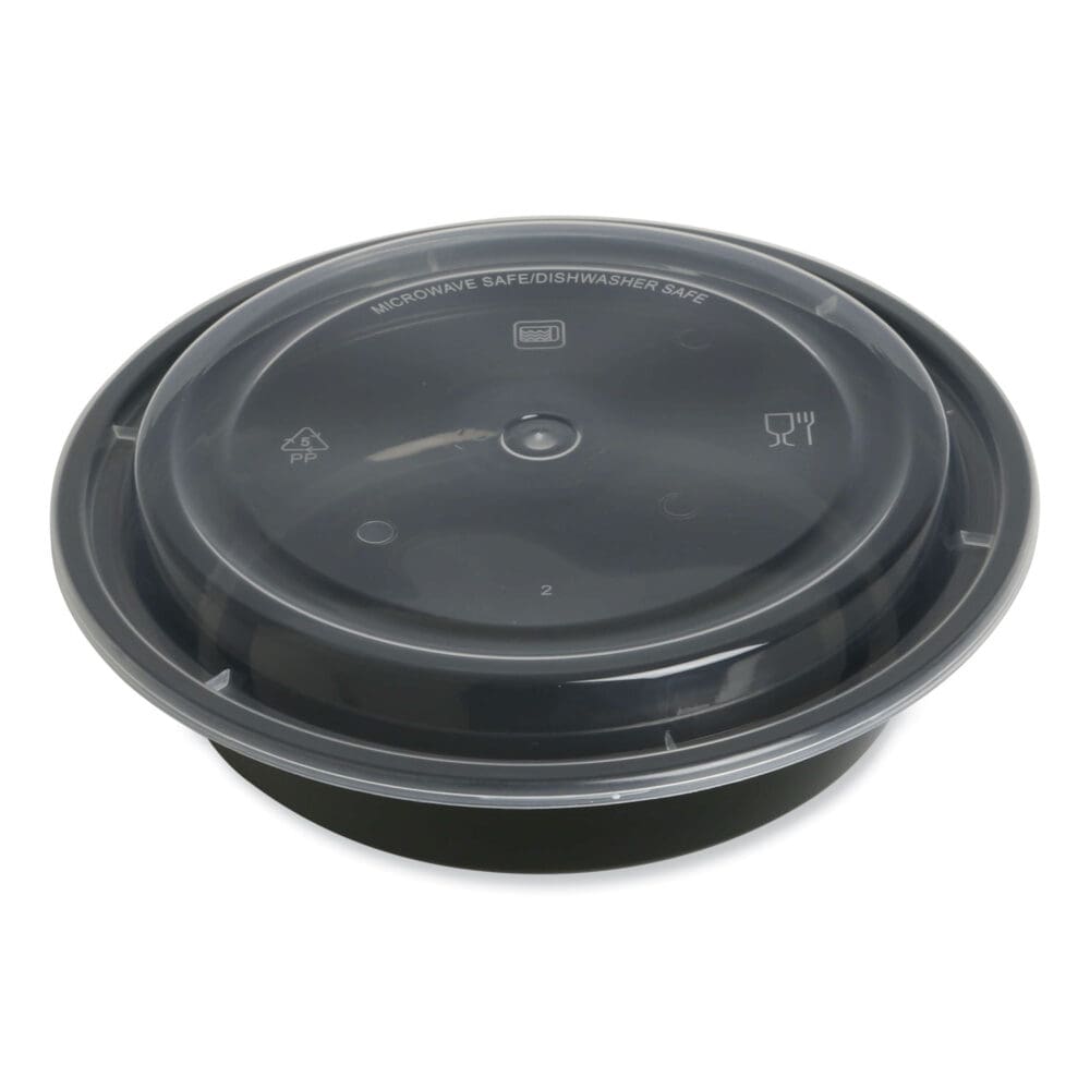 Microwavable Food Container with Lid, Round, 24 oz, 7.28 x 7.28 x 1.96, Black/Clear, Plastic, 150/Carton