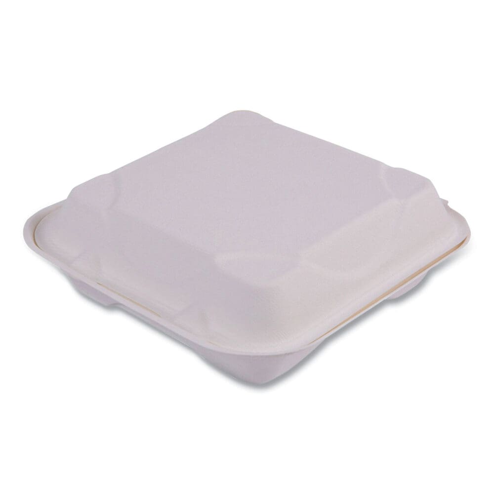 Bagasse Hinged Clamshell Containers, 9 x 9 x 3, White, Sugarcane, 50/Pack, 4 Packs/Carton